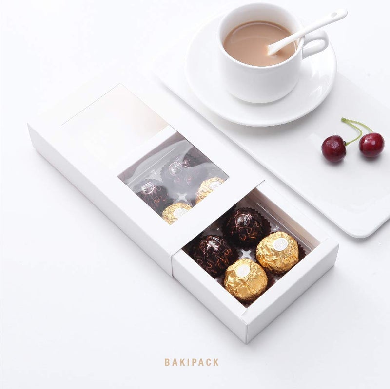 BAKIPACK 20 Truffle Box, Chocolate Box Packaging, Candy Boxes with 8-Piece Plastics Tray (Tray Size with 5.75x2.75 Inches), Pull Out Packing with Clear Window Sleeves, White - Image 4